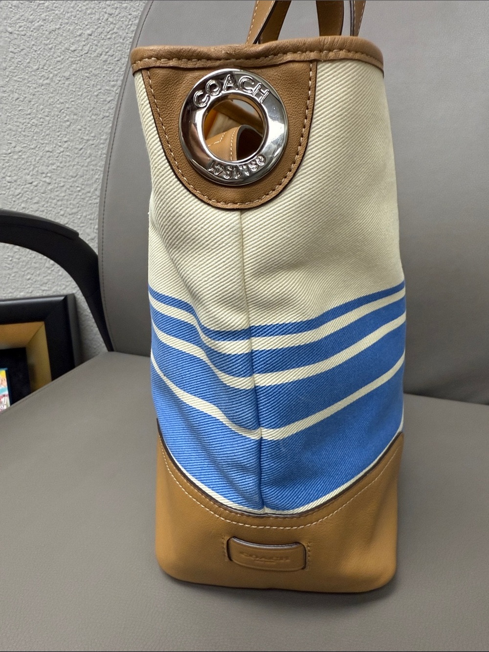 Coach Hadley Blue & Cream Striped Canvas Tote/Duffle with Tan Leather Trim - Picture 5 of 11